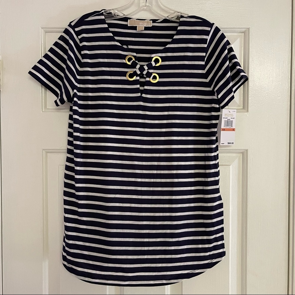 NWT Michael Kors Striped, Lace-up Neck Top